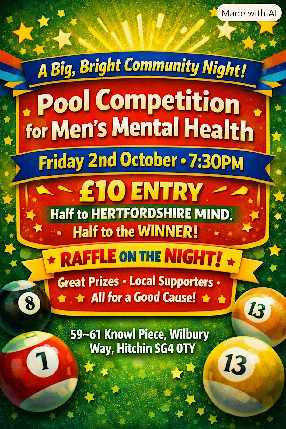Men's mental health Pool competition £10 half the money to herts mind