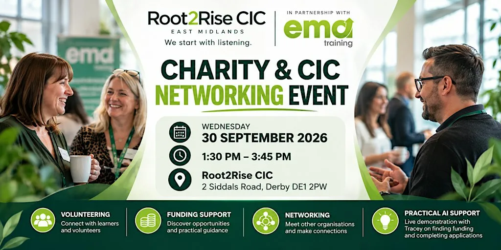 Root2Rise Charity & CIC Networking: Volunteering, Funding & AI at 2 Siddals Rd