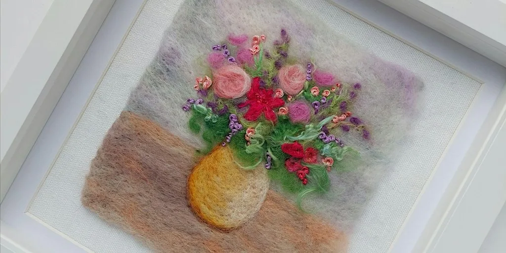 Felted Flower Vase- needle felted and embroidered picture at Bayston Hill Memorial Hall