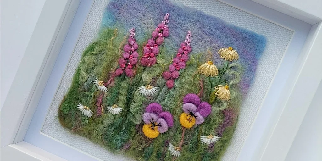 Felted and Embroidered Hedgerow picture at Bayston Hill Memorial Hall