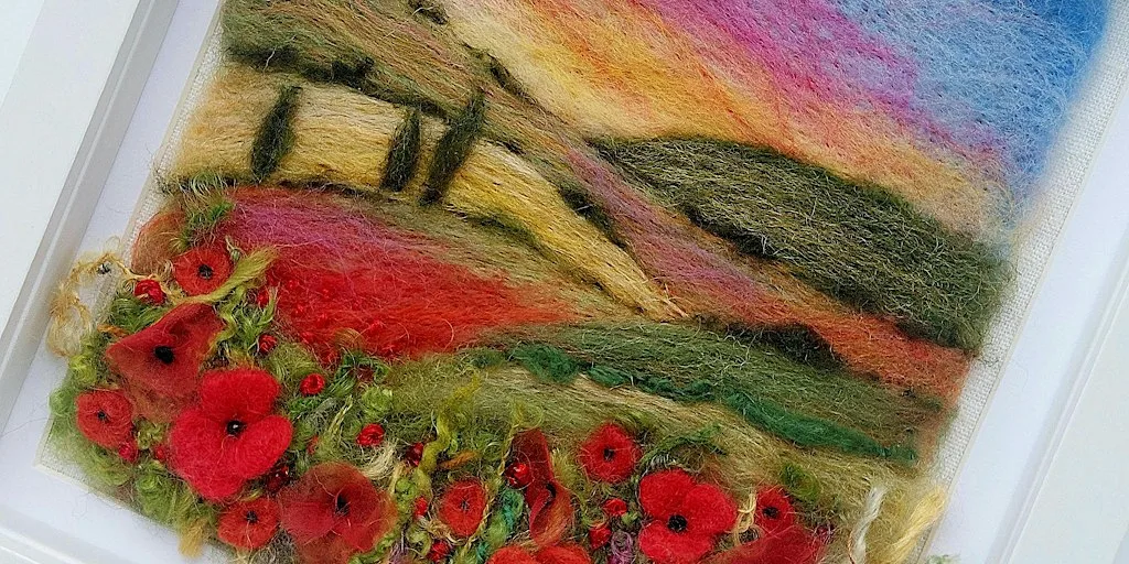 Felted Poppy Landscape - needle felted and embroidered picture at Bayston Hill Memorial Hall