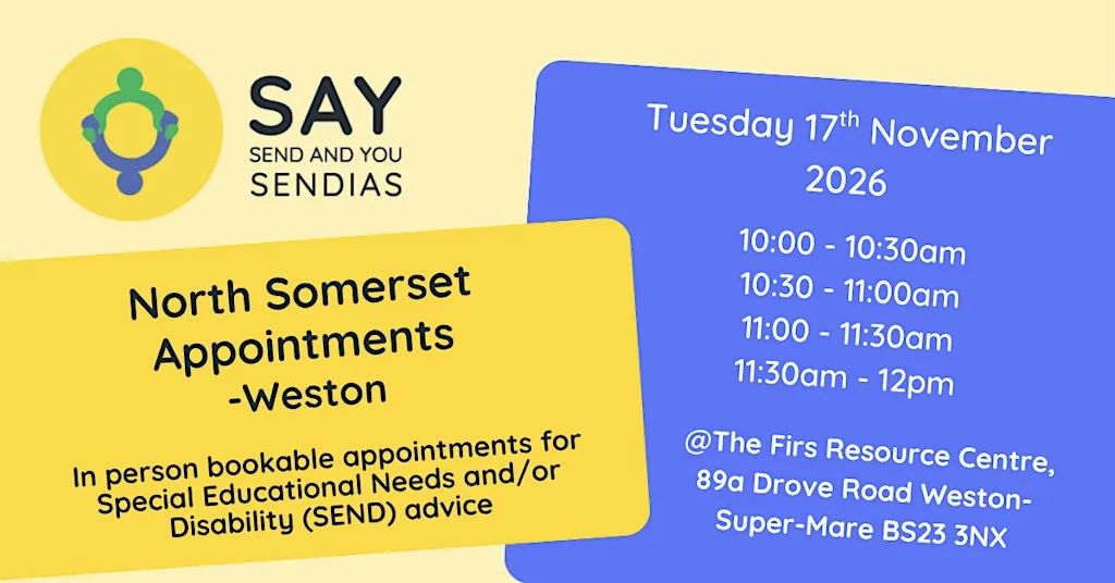 North Somerset in-person appointments for SEND advice- November, Weston at The Firs Resource Centre