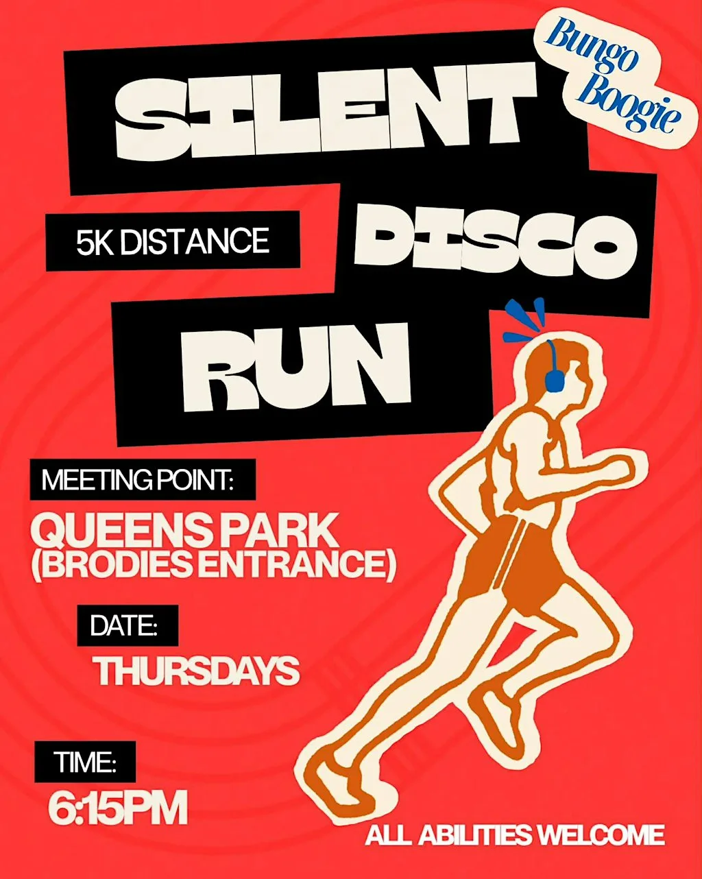Silent Disco 5k fun run at QUEENSPARK GATE Next to Brodies