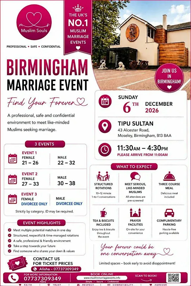 Muslim Marriage Events Birmingham – 3 Age Groups at Tipu Sultan Majestic Dining
