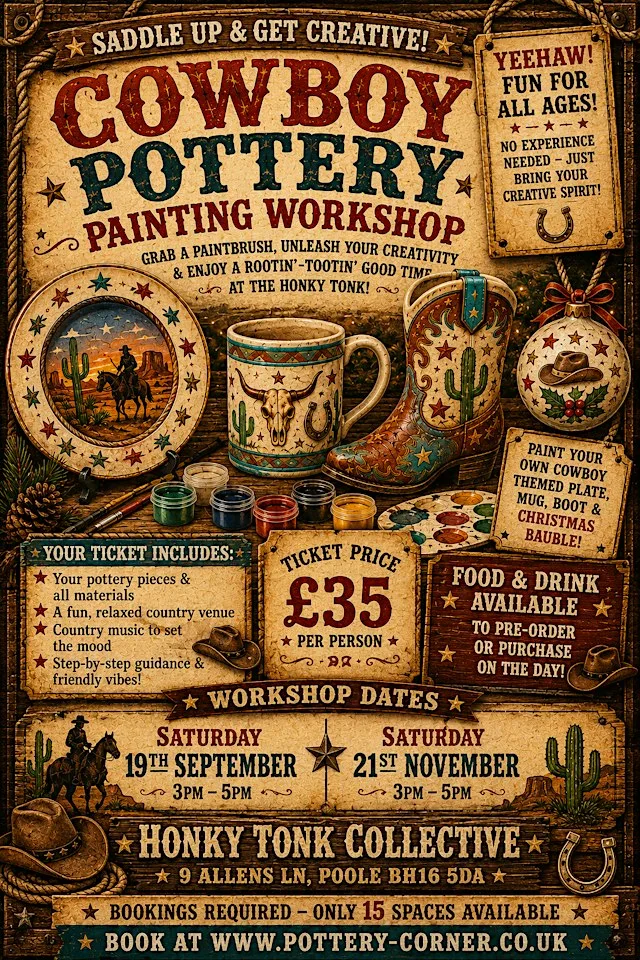 Cowboy / Cowgirl Pottery Painting Workshop - Honky Tonks at Honky Tonk Collective
