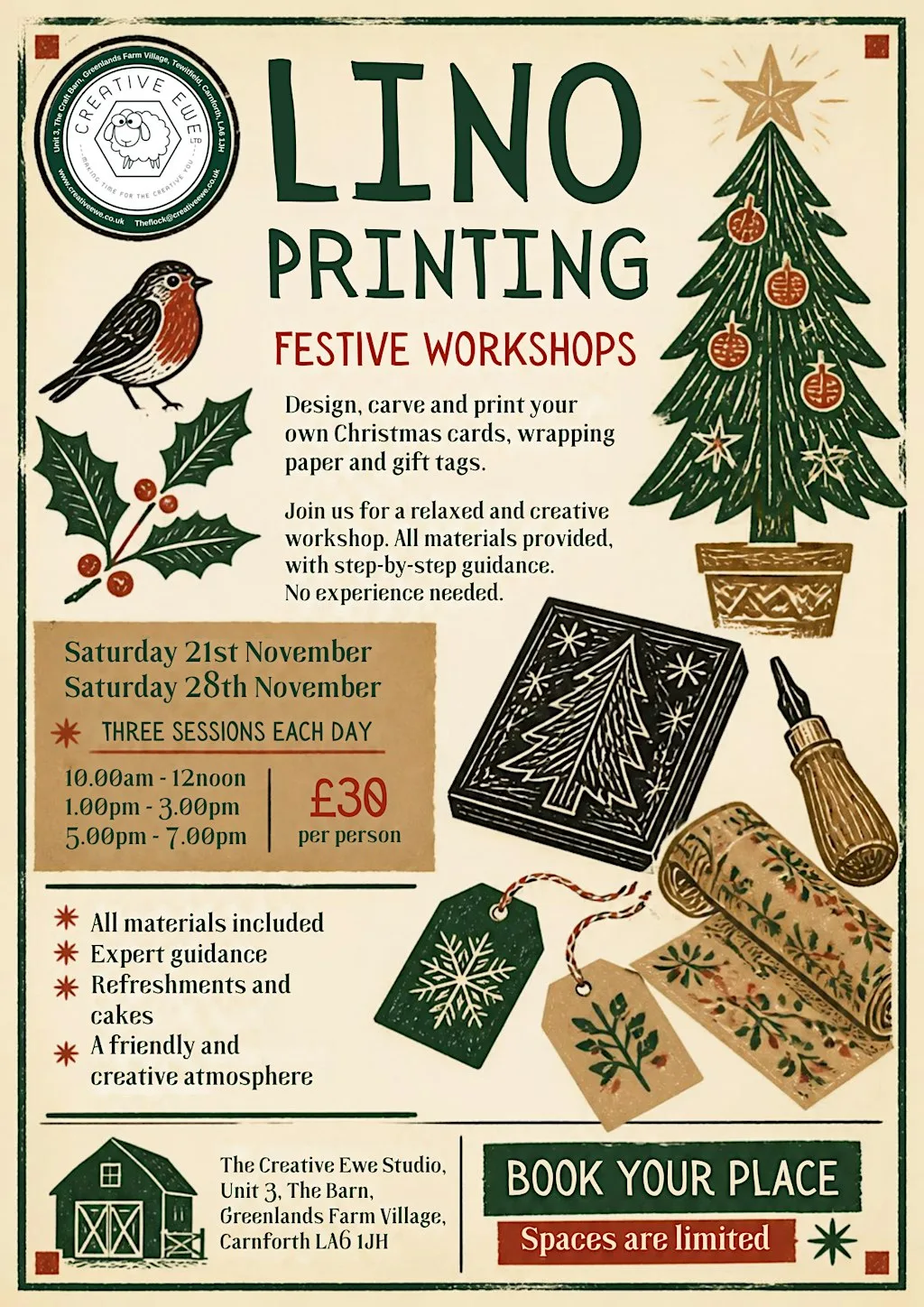 Festive Lino Carving and Printing (10am-12noon) at Creative Ewe Studio, Unit 3, The Barn