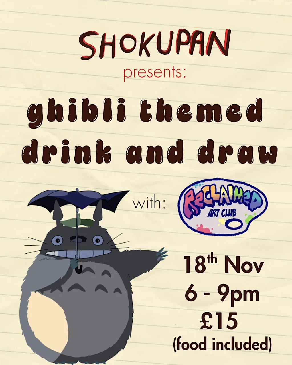 Shokupan X Reclaimed Art Club : Ghibli Drink & Draw!