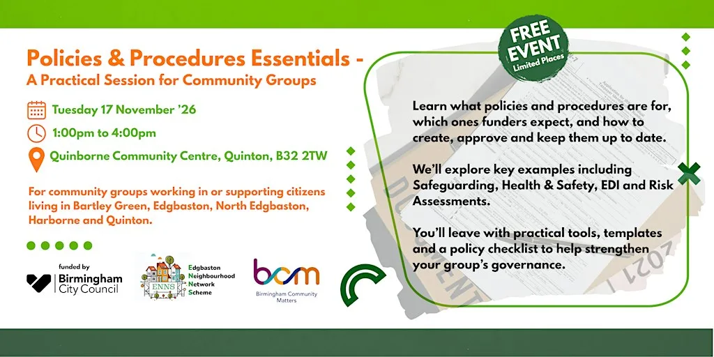 Policies & Procedures Essentials – A Practical Session for Community Groups at Quinborne Community Centre