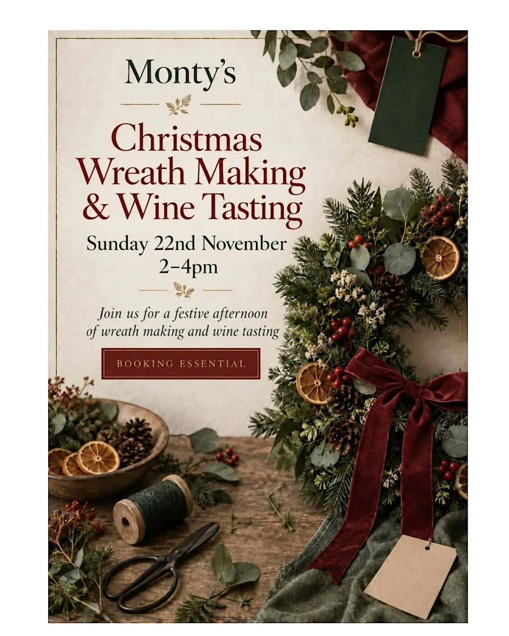 Festive Wreath Making & Wine Tasting at Monty's Wine Shop & Bar