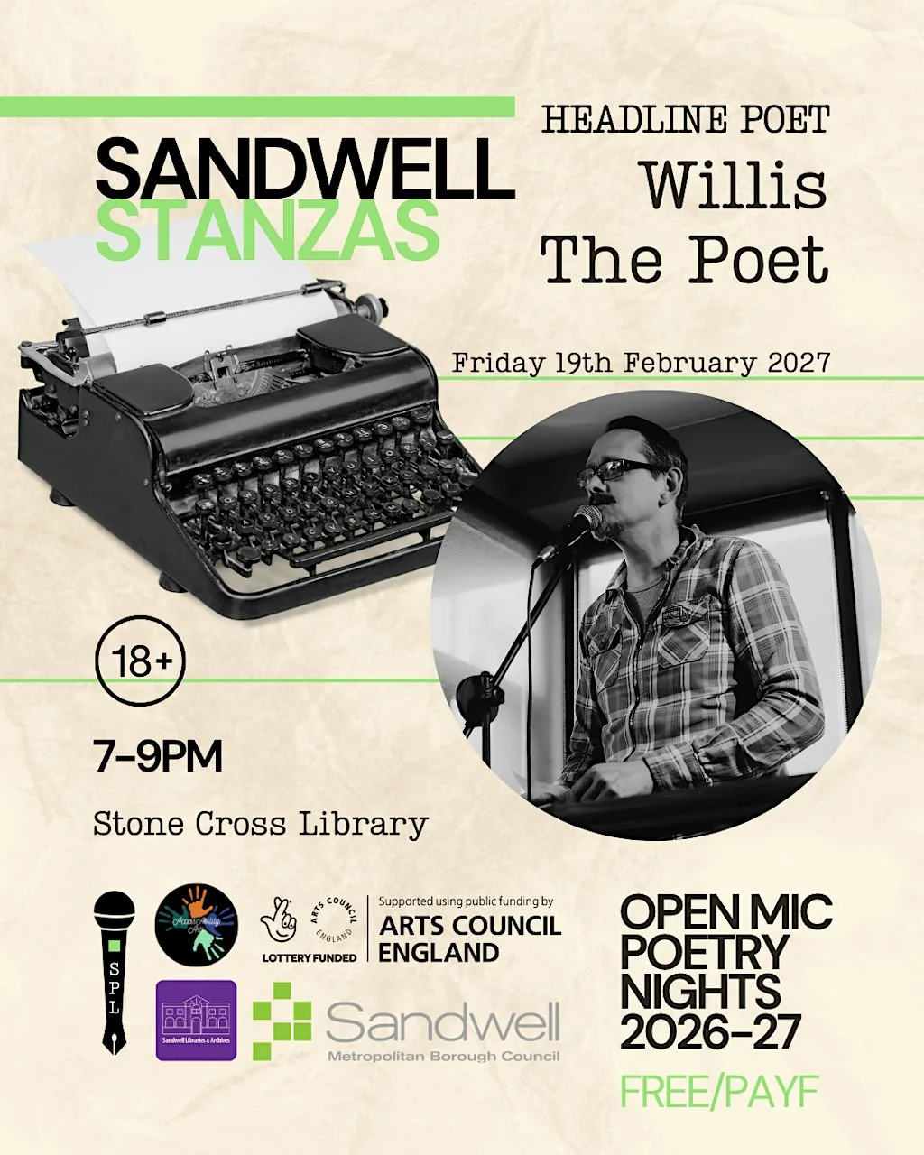 Sandwell Stanzas Open Mic with Willis the Poet (18+) at Stone Cross Library