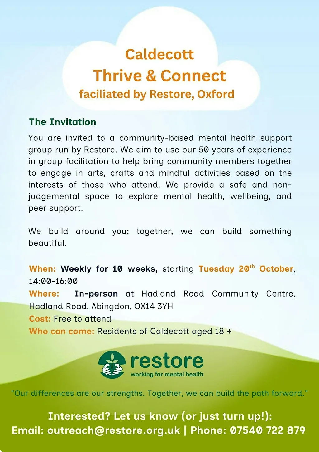 Caldecott Thrive & Connect - facilitated by Restore, Oxford. at Hadland Road Community Centre