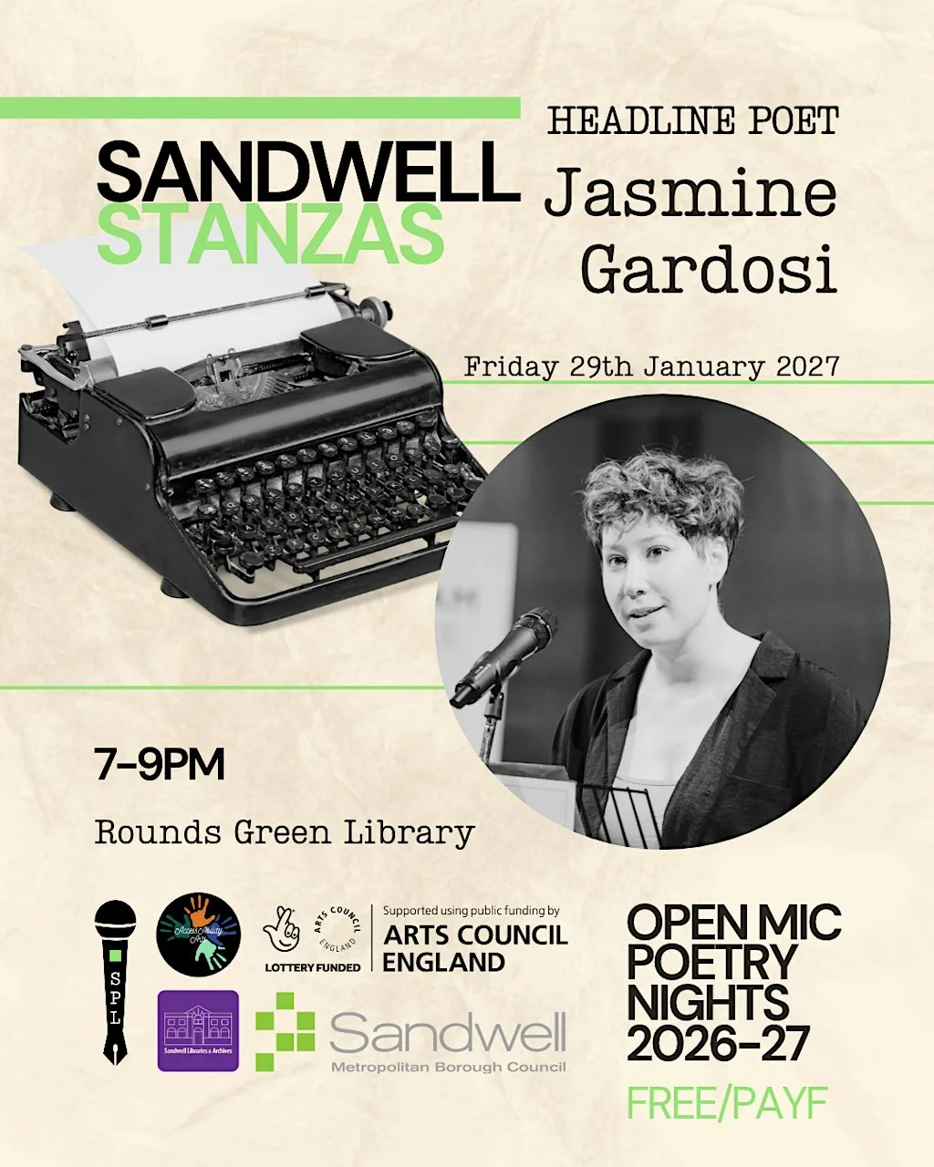 Sandwell Stanzas Open Mic with Jasmine Gardosi at Rounds Green Library