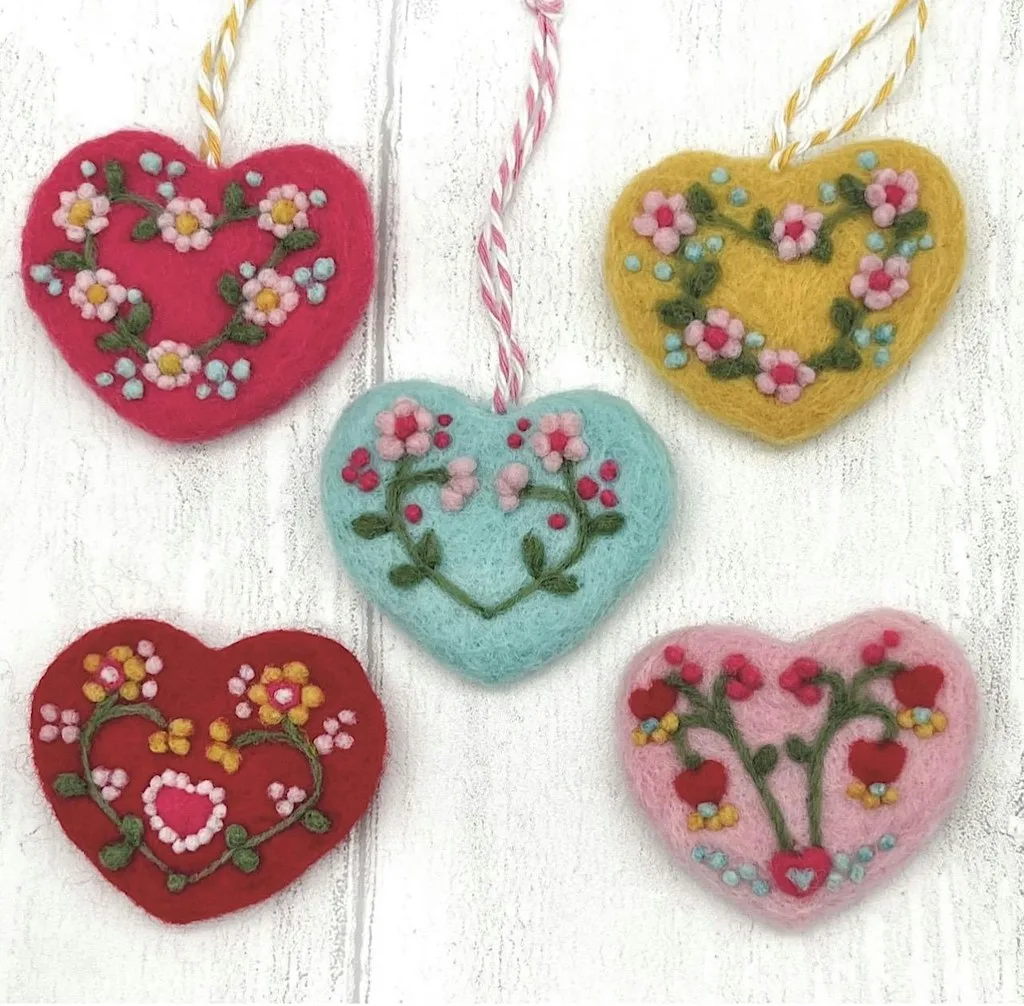 Needle Felted Valentine Heart decorations. at Yarn Etc