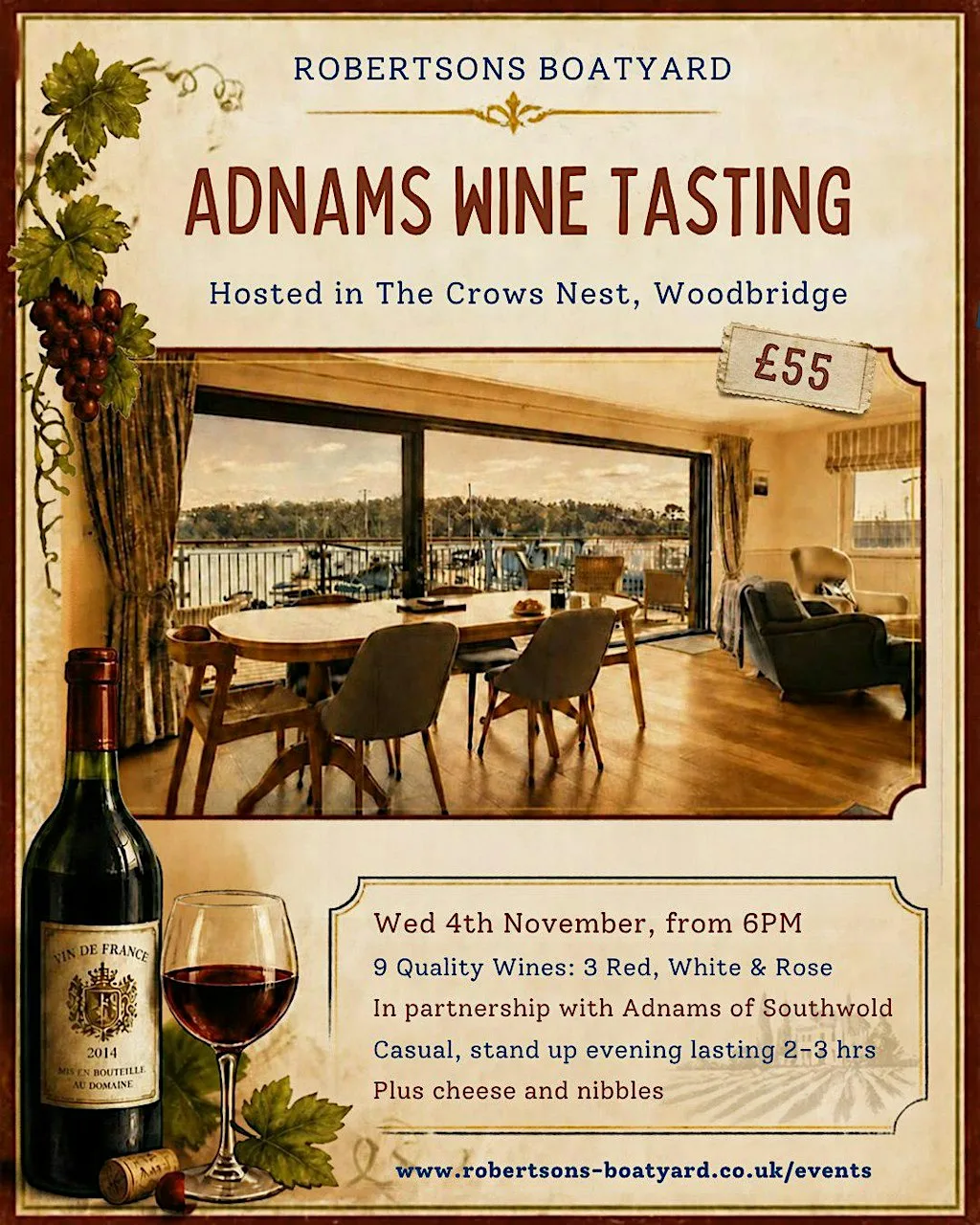 Adnams Wine Tasting at Robertsons Boatyard, Woodbridge at Robertsons Of Woodbridge Ltd