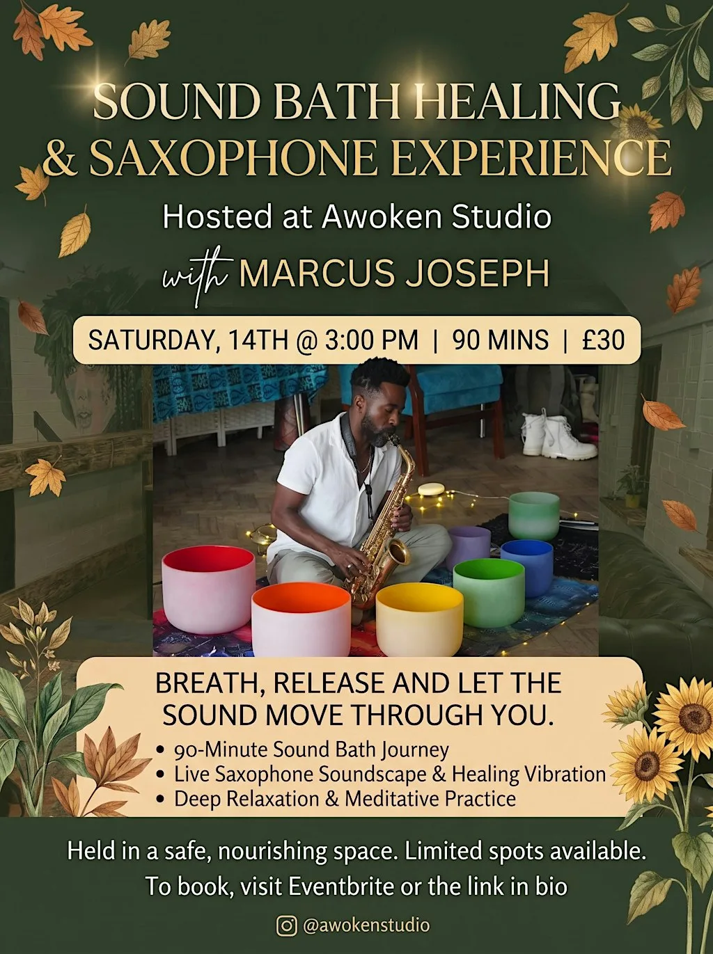 90 minute Sound Bath Journey, Live Saxophone Soundscape . at AWOKENstudio