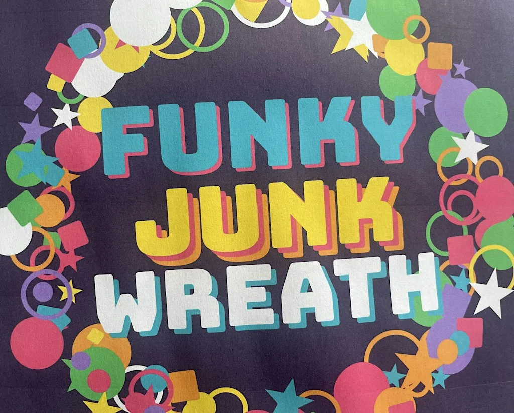 Upcycled funky junk Christmas wreath at 1 Tithebarn St