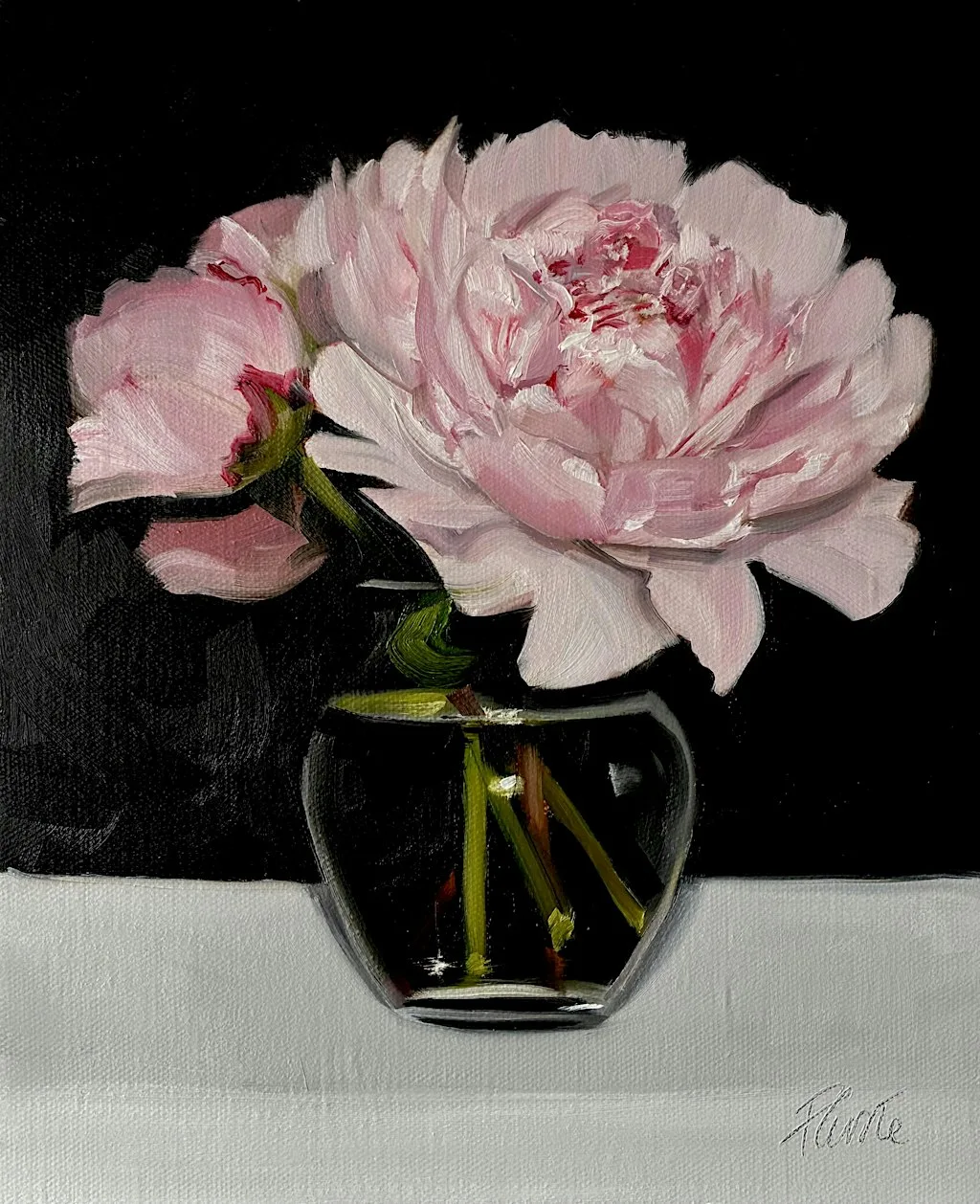 Peony painting in oils from a photograph at The Artery Studios