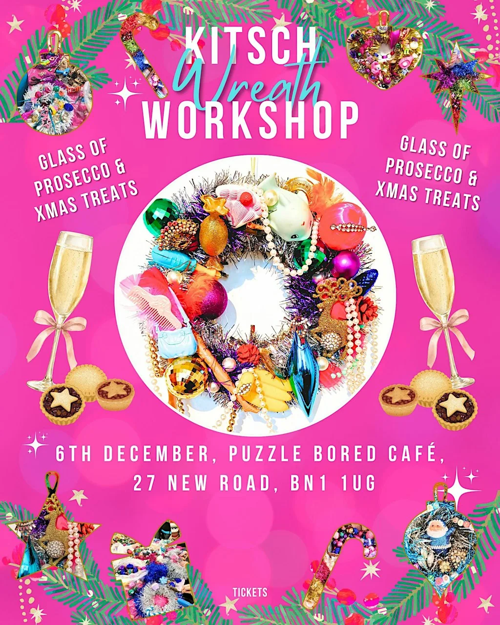 Christmas Kitsch Wreath Workshop (FREE glass of bubbles & Xmas treats) at Puzzle Bored