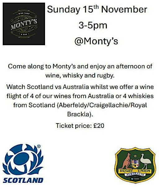 Wine and whisky flights for Scotland v Australia rugby at Monty's Wine Shop & Bar