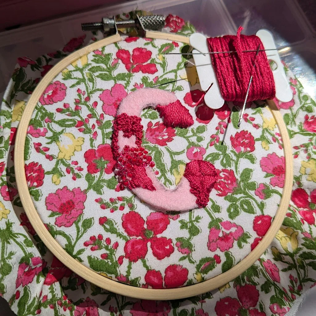 Embroidered initial with Stitch & Bloom at Honey Pottery