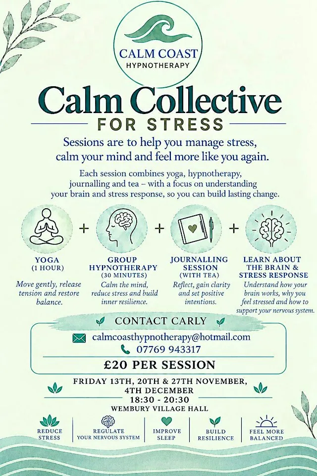 Yoga and group Hypnotherapy with Calm Coast Hypnotherapy at Wembury War Memorial Village Hall
