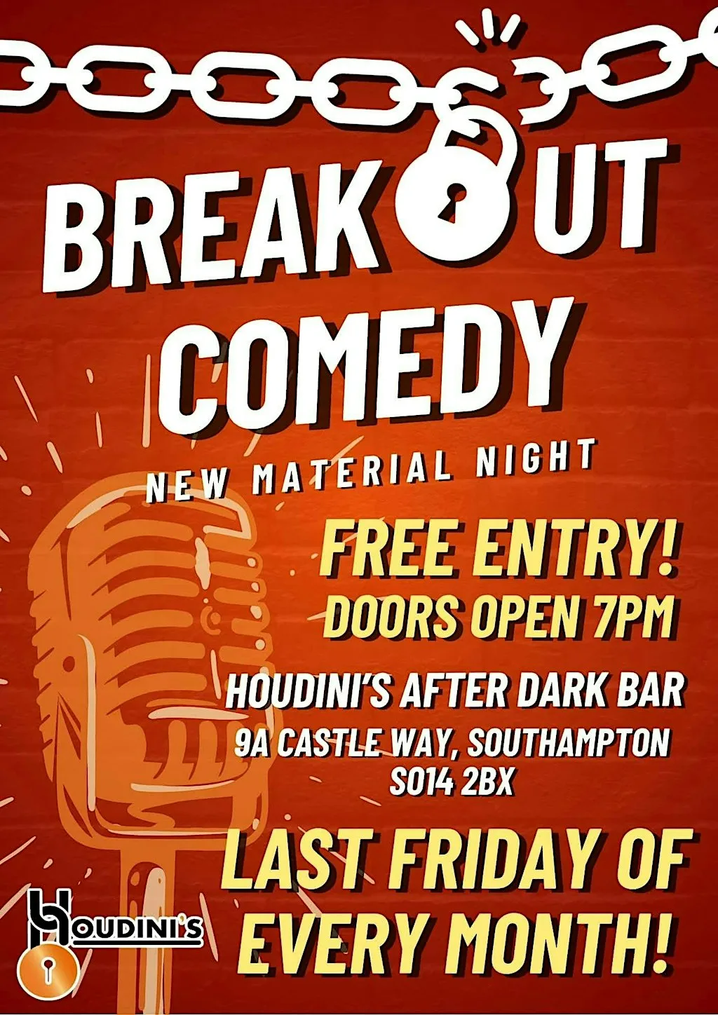 Open Mic Comedy Night at Houdini's (Southampton West Quay) at Houdini's Escape Room Experience - Southampton city centre