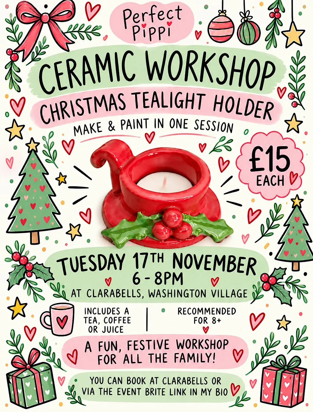 Christmas Ceramic Workshop - Make a Tealight holder at Clarabells Deli & Pizzeria
