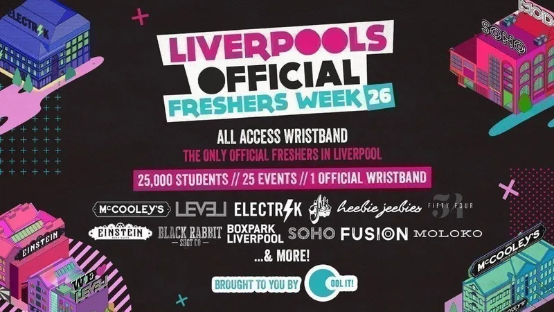 Liverpool's OFFICIAL All Access Freshers Wristband 2026 🎟️ YOUR OFFICIAL WEEK 1 & WEEK 2 WRISTBAND 🎉🪩 INCLUDES LIVERPOOL’S BEST CLUBS / HUGE FRESHERS SPECIALS / BIGGEST WEEKLY STUDENT BRANDS & MUCH MORE! ⚡️