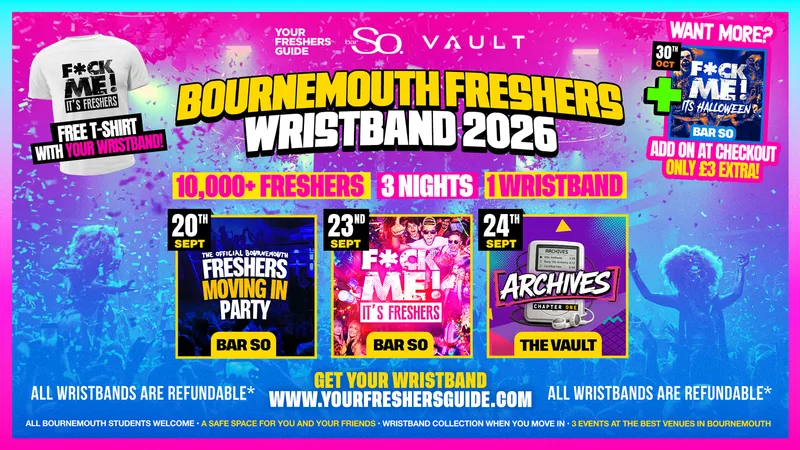 Bournemouth Freshers Wristband 2026 - Official Your Freshers Guide | Bournemouth Freshers 2026 - Free T-Shirt With Every Ticket 👕