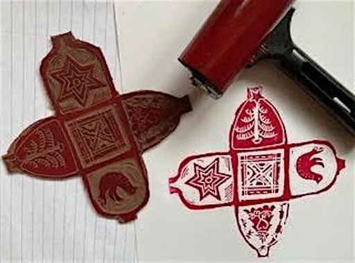 Linocut Printed Festive Tree Decorations and Gift Boxes