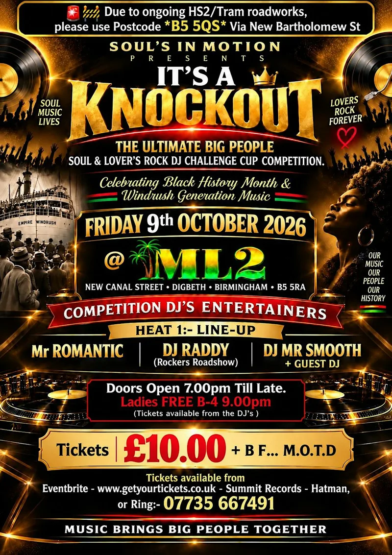 "IT'S A KNOCKOUT" THE MIDLANDS ULTIMATE SOUL & LOVERS ROCK DJ CHALLENGE CUP