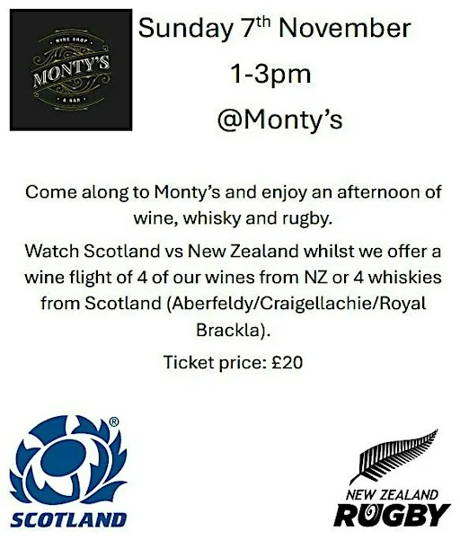 Scotland vs New Zealand rugby wine and whisky flights